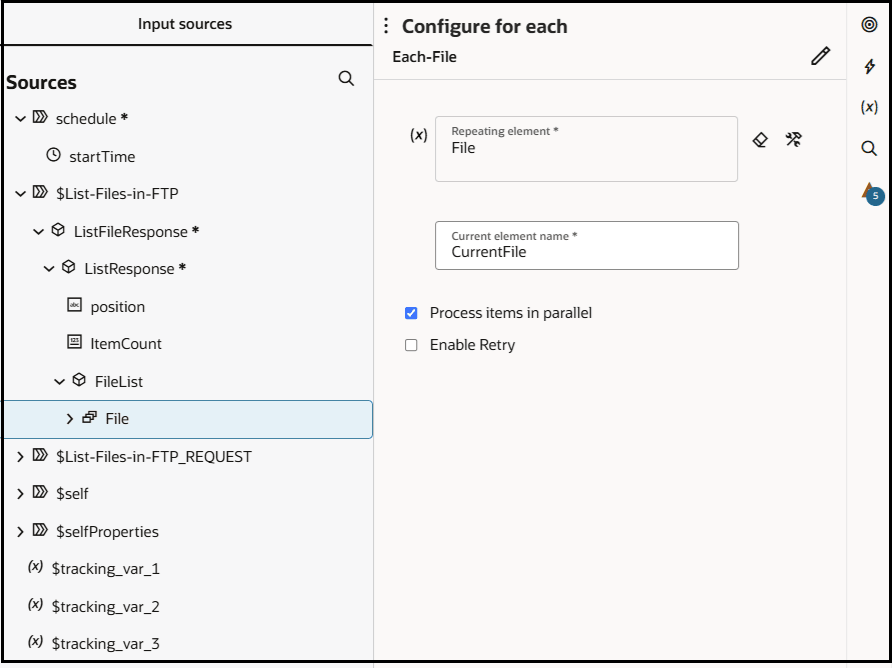 The repeatable element under Sources is dragged to the Repeating Element field. Below this the Current Element Name field shows a value of currentFile. Below this are the Process items in parallel and Enable retry check boxes. The repeatable element under Sources is dragged to the Repeating Element field. Below this the Current Element Name field shows a value of currentFile. Below this are the Process items in parallel and Enable retry check boxes.