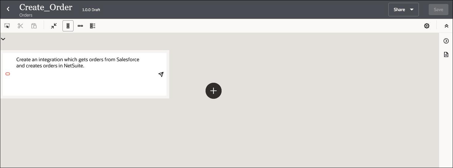 The integration canvas shows the natural language text entered by the user and the Generate the integration skeleton based on the user's goal icon. The integration canvas shows the natural language text entered by the user and the Generate the integration skeleton based on the user's goal icon.