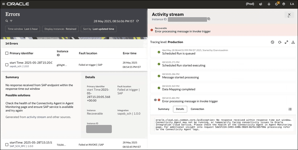 The Errors page shows an AI-powered summary and possible solutions to resolve the error for a failed integration instance. The Activity stream panel is open and it shows the details about a previous error.