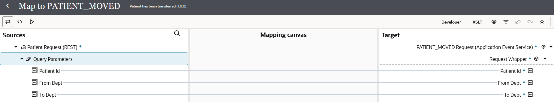 The mapper shows the Sources, Mapping canvas, and Target sections. The elements being mapped appear above this image.