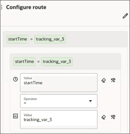 The Configure route panel shows an edit icon at the top. Below that is the defined expression. Below that are the Value, Operation, and Value fields. Each field has Clear and Developer Mode icons.