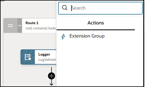 A Route 1 branch is shown, which includes a logger action. The plus icon after the logger action is clicked to show the Actions menu, with Extension Group as the only selection. A Search field appears above the Actions menu.