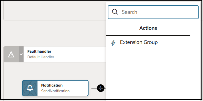 A fault handler is shown, which includes a notification action. The plus icon after the notification action is clicked to show the Actions menu, with Extension Group as the only selection. A Search field appears above the Actions menu.
