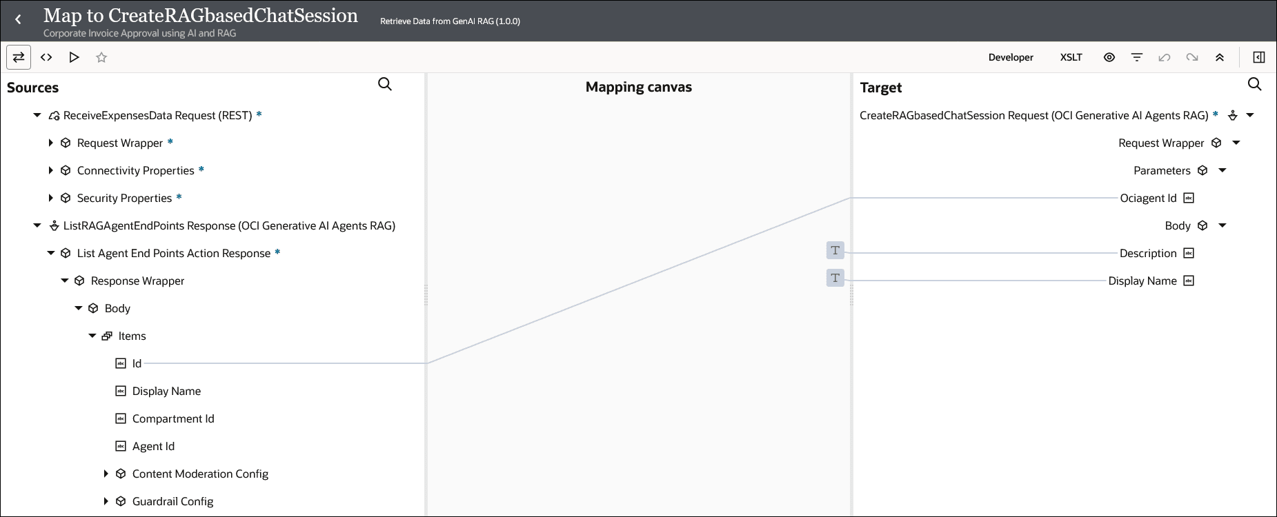 The Sources, Mapping canvas, and Target sections are shown. The source Id element is mapped to the target Ociagent Id element, the target Description element is set, and the target Display Name element is set.