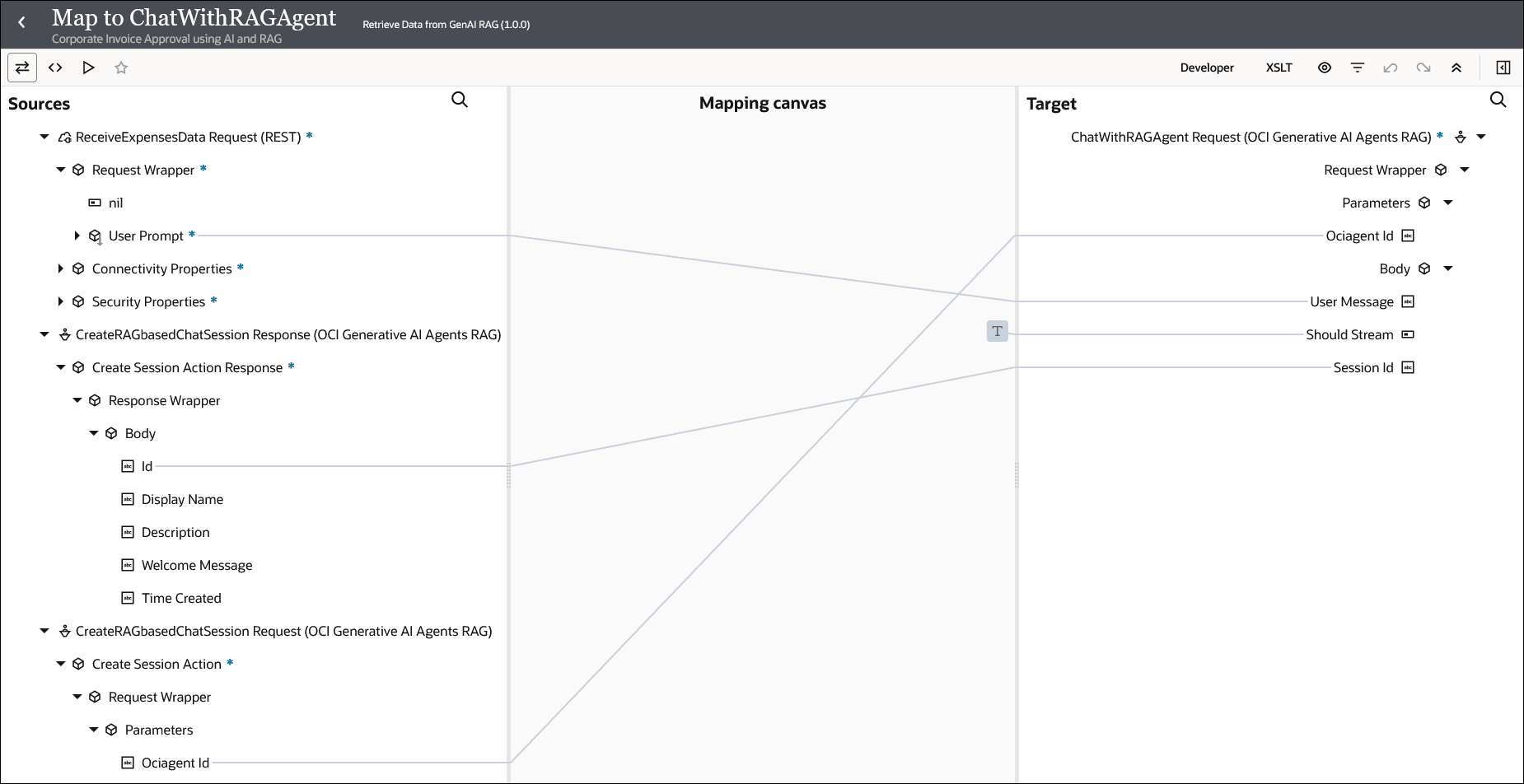 The Sources, Mapping canvas, and Target sections are shown. The source User Prompt element is mapped to the target User Message element, the source Id element is mapped to the target Session Id element, and the source Ociagent Id element is mapped to the target Ociagent Id element.