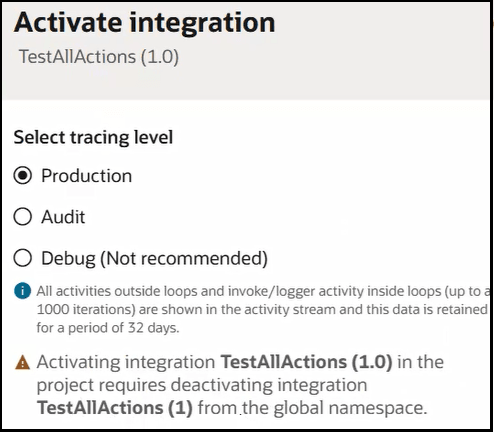 Dialog titled “Activate integration” for TestAllActions (1.0), with tracing-level radio options: Production selected, Audit, and Debug (Not recommended), plus informational and warning messages about activity retention and deactivating an existing integration. Dialog titled “Activate integration” for TestAllActions (1.0), with tracing-level radio options: Production selected, Audit, and Debug (Not recommended), plus informational and warning messages about activity retention and deactivating an existing integration.