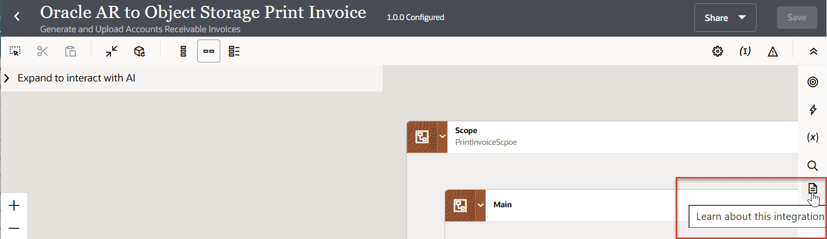 Oracle Integration integration canvas for "Generate and Upload Accounts Receivable Invoices" integration. A tooltip in the corner says "Learn about this integration" and the cursor points to it. Oracle Integration integration canvas for "Generate and Upload Accounts Receivable Invoices" integration. A tooltip in the corner says "Learn about this integration" and the cursor points to it.