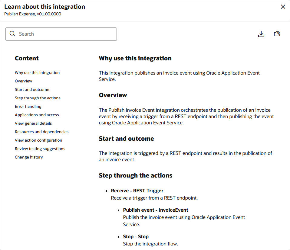The Learn about this integration panel shows the documentation generated by AI along with options to perform search, navigate through the content, save the documentation as a PDF, and regenerate the documentation.