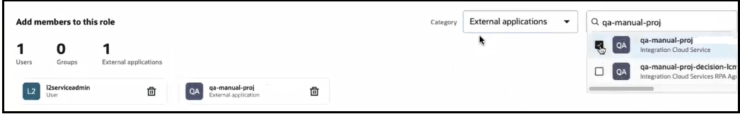 The Add members to this role section is shown. The Category list is selected to shown the External applications option. The qa-manual-proj entry is selected in the search field.