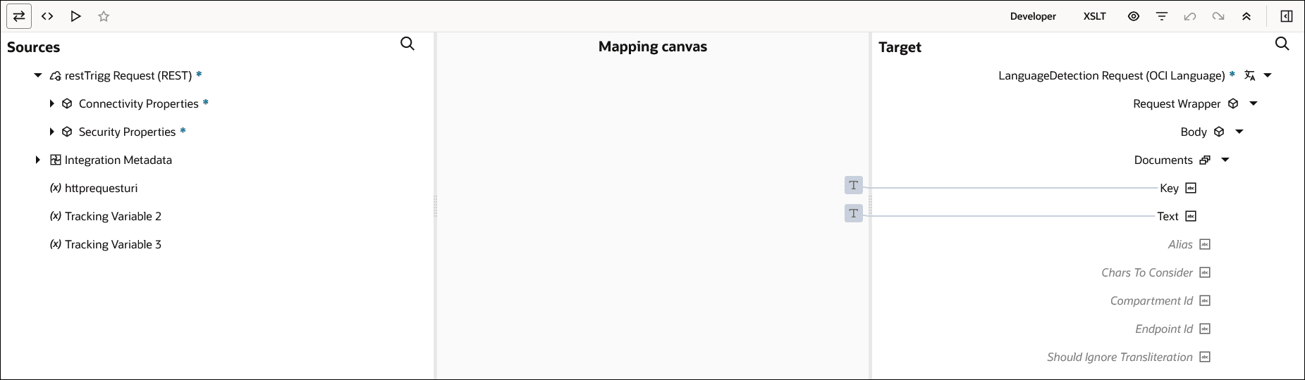 The Sources, Mapping canvas, and Target sections are shown. The target Key element and the target Text element are set.