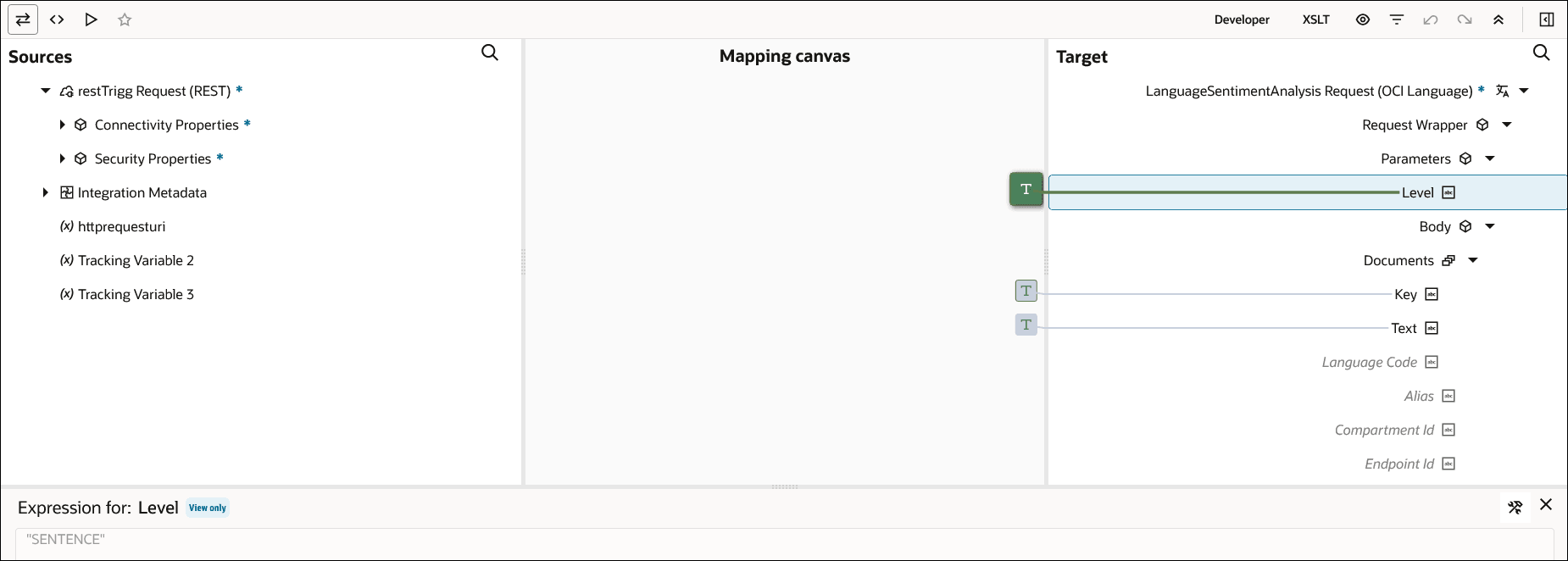 The Sources, Mapping canvas, and Target sections are shown. The target Level element is set to SENTENCE.