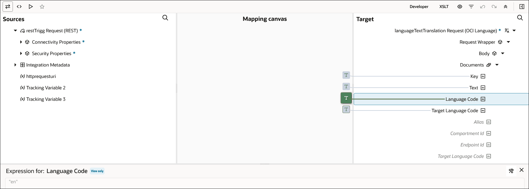 The Sources, Mapping canvas, and Target sections are shown. The Key element, Text element, Language Code element and Target Language Code element are set in the Target section.