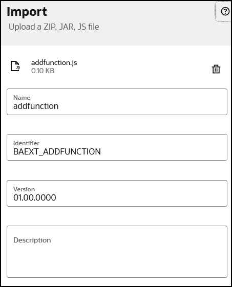 The Import panel shows the library file name at the top. Below this are fields for Name, Identifier, Version, and Description.