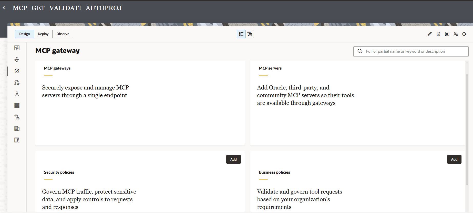 MCP gateway design page showing cards for MCP gateways, MCP servers, security policies, and business policies, with search, navigation, and Add controls.