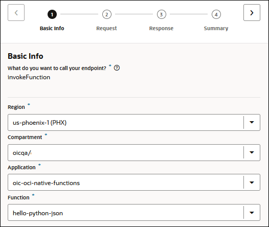 The Basic Info page shows the wizard train at the top: Basic Info, Request, Response, and Summary. To the left and right of the train are < and > links, respectively. Below are the Region, Compartment, Application, and Function lists. The Basic Info page shows the wizard train at the top: Basic Info, Request, Response, and Summary. To the left and right of the train are < and > links, respectively. Below are the Region, Compartment, Application, and Function lists.