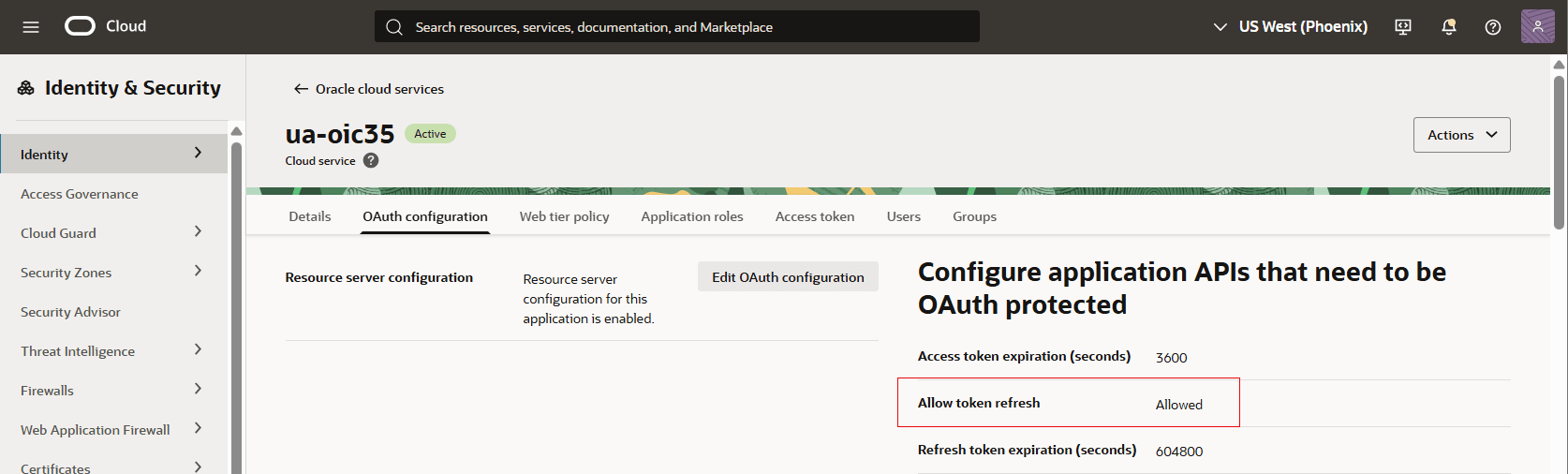 Oracle Cloud Services page for a specific Oracle Integration instance with the fields Access token expiration, Allow token refresh, Refresh token expiration highlighted.