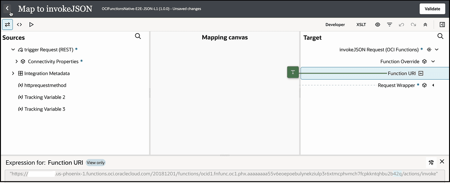 The Sources, Mapping canvas, and Target sections of the mapper are shown. The target Function URI element is selected to show the value specified in the Expression Builder. The Sources, Mapping canvas, and Target sections of the mapper are shown. The target Function URI element is selected to show the value specified in the Expression Builder.