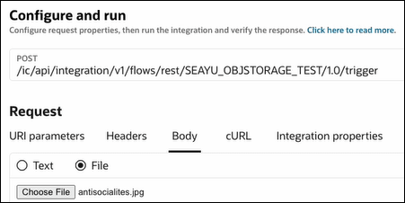 The Configure and run page shows the POST URL and the Request section, which includes tabs for URI parameters, Headers, Body, cURL, and Integration properties. The Configure and run page shows the POST URL and the Request section, which includes tabs for URI parameters, Headers, Body, cURL, and Integration properties.
