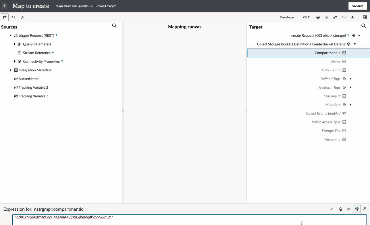 The Sources, Mapping canvas, and Targets sections are shown. The target Compartment id element is selected. In the Expression Builder at the bottom, the OCID value for the compartment is entered. The Sources, Mapping canvas, and Targets sections are shown. The target Compartment id element is selected. In the Expression Builder at the bottom, the OCID value for the compartment is entered.