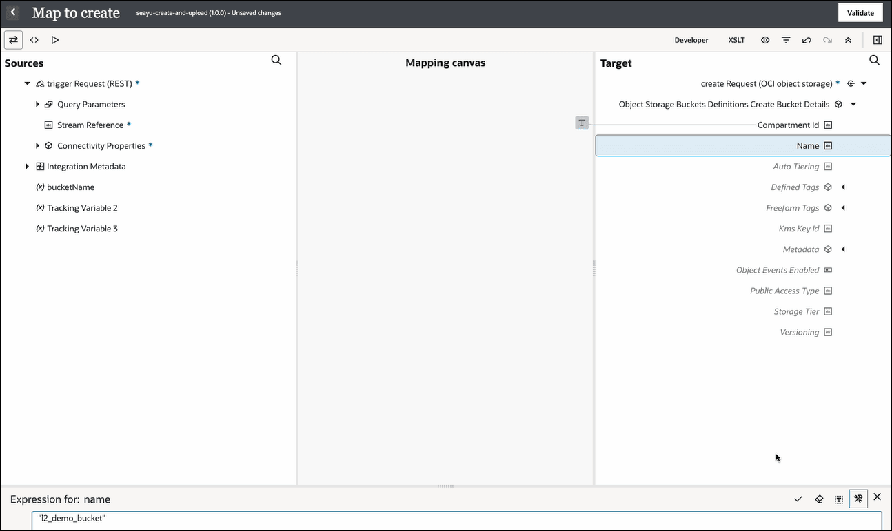 The Sources, Mapping canvas, and Targets sections are shown. The target Name element is selected. In the Expression Builder at the bottom, a value of l2_demo_bucket is entered. The Sources, Mapping canvas, and Targets sections are shown. The target Name element is selected. In the Expression Builder at the bottom, a value of l2_demo_bucket is entered.