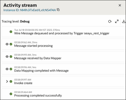 The Activity Stream panel instance ID and tracing level are shown at the top. The activity stream shows the movement of messages through the integration. All milestones are shown as green. The Activity Stream panel instance ID and tracing level are shown at the top. The activity stream shows the movement of messages through the integration. All milestones are shown as green.