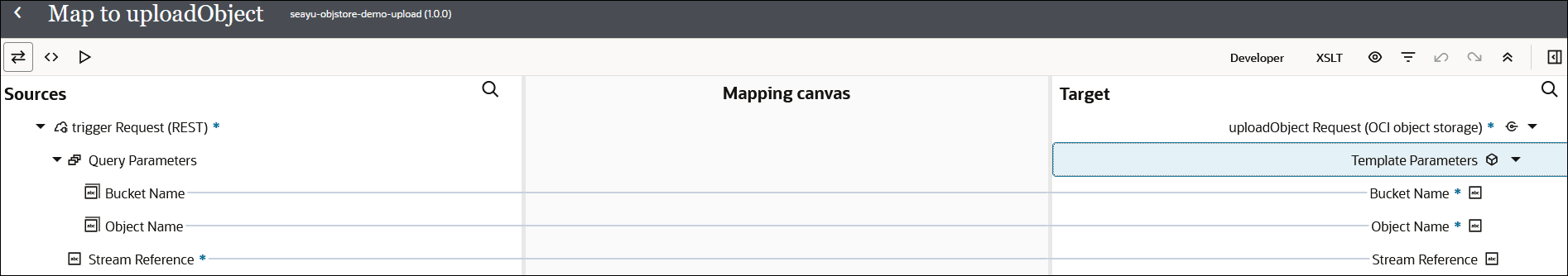 The Sources, Mapping canvas, and Targets sections are shown. Bucket Name is mapped to Bucket Name. Object Name is mapped to Object Name. Stream Reference is mapped to Stream Reference. The Sources, Mapping canvas, and Targets sections are shown. Bucket Name is mapped to Bucket Name. Object Name is mapped to Object Name. Stream Reference is mapped to Stream Reference.