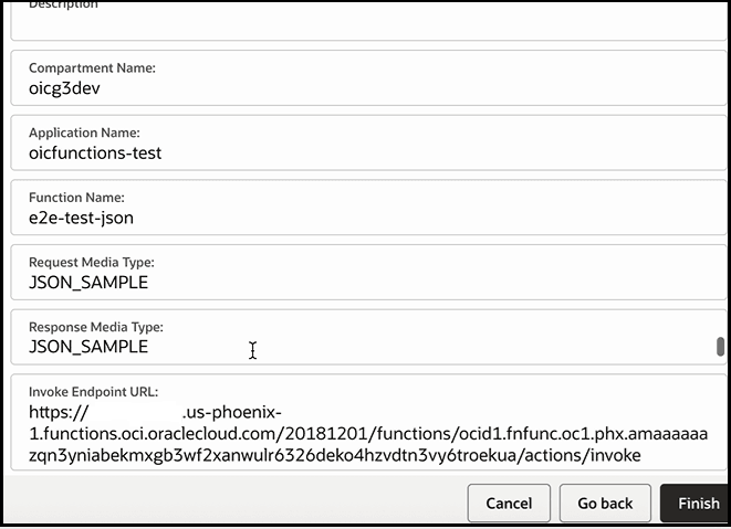 The Summary page shows the Description, Compartment Name, Application Name, Function Name, Request Media Type, Response Media Type, and Invoke Endpoint URL fields.