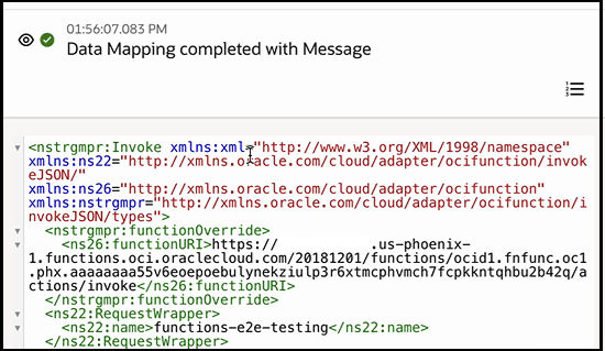 The activity stream for the mapper is expanded to show the functionOverride element. The value shown is the one specified in the mapper.