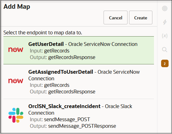 The Add Map dialog, which lists the endpoints to map to and a Cancel button at the bottom.