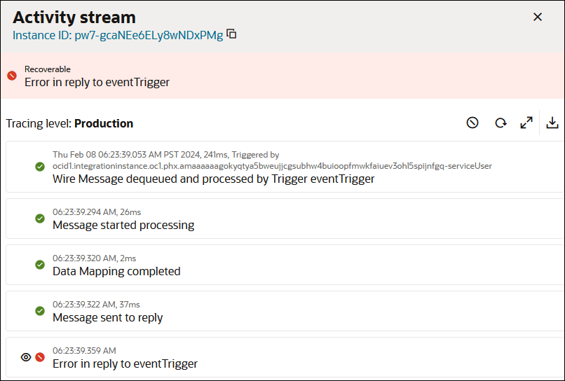 The activity stream shows a nonrecoverable error message link at the top. Below this, the tracing level is set to production. Three icons appear to the far right. Below the tracing level are entries that show the movement of the message payload through the integration. All are green (successfully processed) except for the last one, which is red (failed processing). The activity stream shows a nonrecoverable error message link at the top. Below this, the tracing level is set to production. Three icons appear to the far right. Below the tracing level are entries that show the movement of the message payload through the integration. All are green (successfully processed) except for the last one, which is red (failed processing).