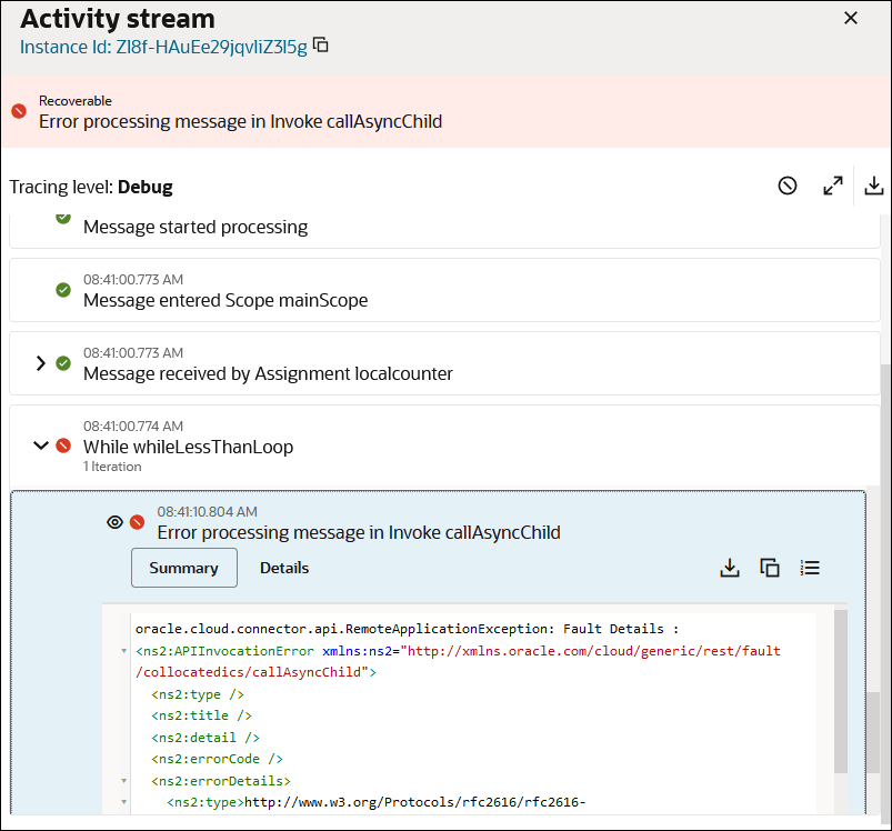 The activity stream shows a nonrecoverable error message link at the top, which is being clicked. Below this, the tracing level is set to production. Three icons appear to the far right. Below the tracing level are entries that show the movement of the message payload through the integration. The last entry is in error and is selected to show entries for Summary, Detail, and three icons. Summary is selected to show the payload. The activity stream shows a nonrecoverable error message link at the top, which is being clicked. Below this, the tracing level is set to production. Three icons appear to the far right. Below the tracing level are entries that show the movement of the message payload through the integration. The last entry is in error and is selected to show entries for Summary, Detail, and three icons. Summary is selected to show the payload.