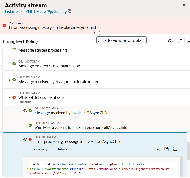 The activity stream shows a nonrecoverable error message link at the top, which is being clicked. Below this, the tracing level is set to production. Three icons appear to the far right. Below the tracing level are entries that show the movement of the message payload through the integration. The clicked error at the top has been highlighted below in the activity stream. The activity stream shows a nonrecoverable error message link at the top, which is being clicked. Below this, the tracing level is set to production. Three icons appear to the far right. Below the tracing level are entries that show the movement of the message payload through the integration. The clicked error at the top has been highlighted below in the activity stream.