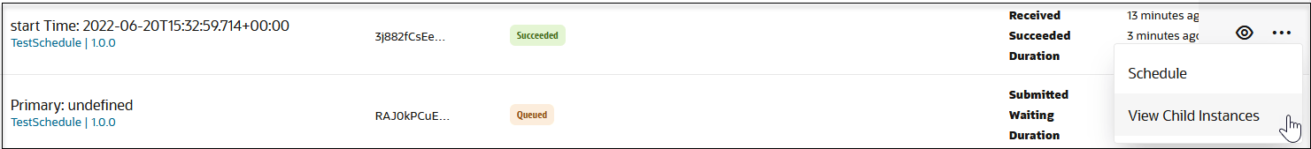 The cursor is hovering over the actions menu of a business identifier in the row to show options for Schedule and View Child Instances. The cursor is hovering over the actions menu of a business identifier in the row to show options for Schedule and View Child Instances.