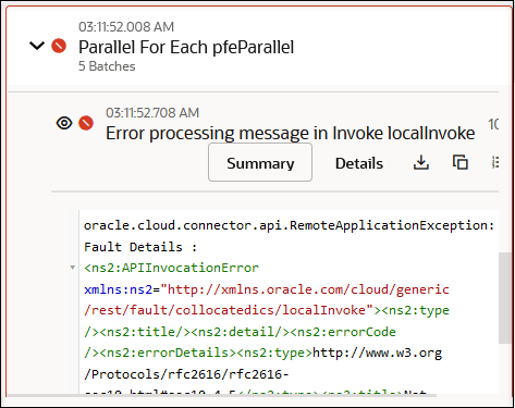 The activity stream shows details about the parallel for-each failure and local invoke failure. The Summary button, Details button, download icon, copy icon, and line numbering icon are shown. After this is the payload for the local invoke. The activity stream shows details about the parallel for-each failure and local invoke failure. The Summary button, Details button, download icon, copy icon, and line numbering icon are shown. After this is the payload for the local invoke.