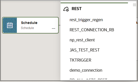 The schedule icon is shown with a list of REST Adapter connections from which to select.