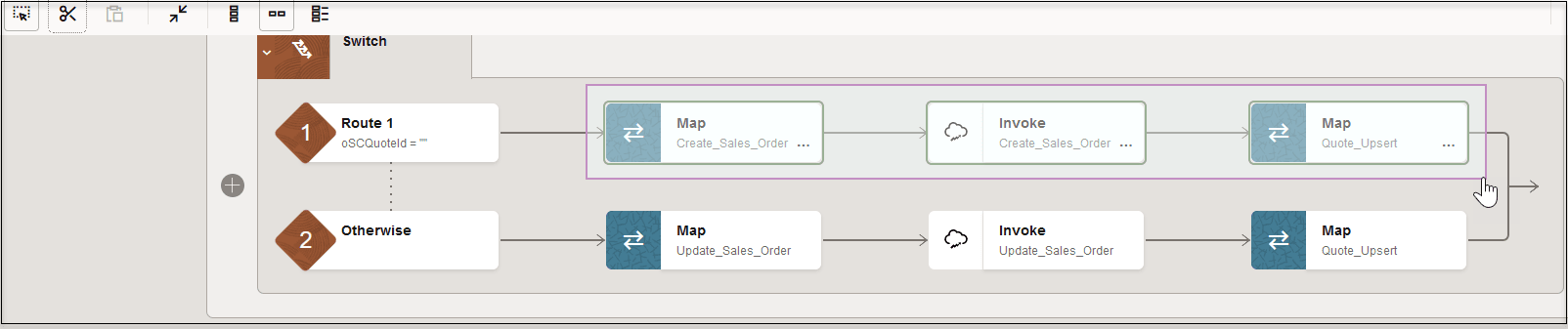 The switch action shows branches for Route 1 and Otherwise. In the Route 1 branch, the cursor has been dragged around the map, invoke, and map actions. The switch action shows branches for Route 1 and Otherwise. In the Route 1 branch, the cursor has been dragged around the map, invoke, and map actions.