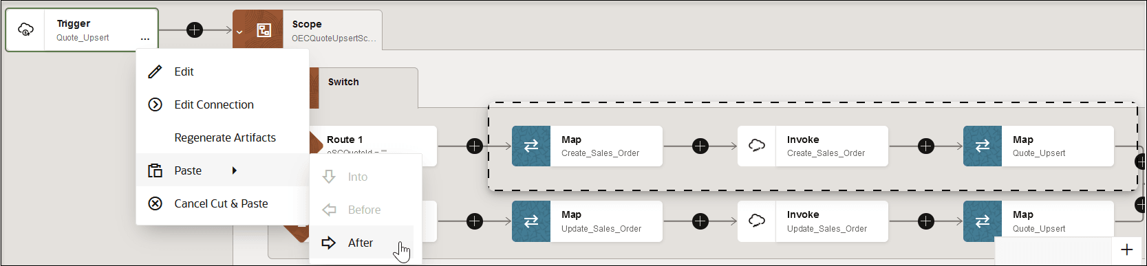 The switch action shows branches for Route 1 and Otherwise. In the Route 1 branch, the cursor has been dragged around the map, invoke, and map actions. The actions menu of the trigger action is selected to show options for Edit, Edit Connection, Regenerate Artifacts, Paste, and Cancel Cut & Paste. The switch action shows branches for Route 1 and Otherwise. In the Route 1 branch, the cursor has been dragged around the map, invoke, and map actions. The actions menu of the trigger action is selected to show options for Edit, Edit Connection, Regenerate Artifacts, Paste, and Cancel Cut & Paste.