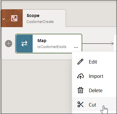 A scope action is expanded to show a map action, which has been highlighted. The Actions menu of the map action has been selected to show options for Edit, Import, Delete, and Cut. A scope action is expanded to show a map action, which has been highlighted. The Actions menu of the map action has been selected to show options for Edit, Import, Delete, and Cut.