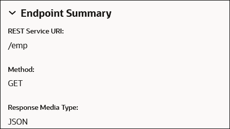 The Summary page shows the REST endpoint summary, the description, and the endpoint summary. The endpoint summary values are described above this image. The Summary page shows the REST endpoint summary, the description, and the endpoint summary. The endpoint summary values are described above this image.