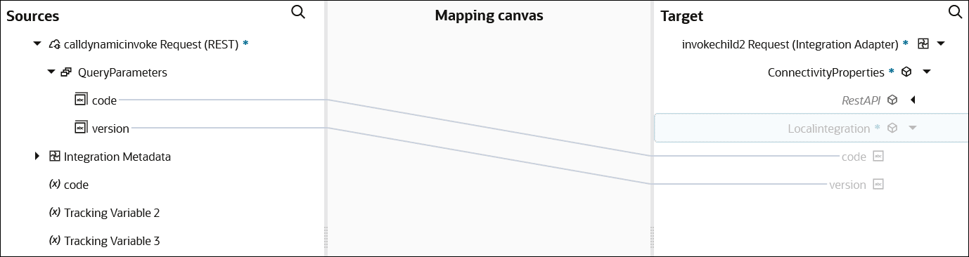 The mapper shows the source code and version elements mapped to target code and version elements that appear below the LocalIntegration element. The mapper shows the source code and version elements mapped to target code and version elements that appear below the LocalIntegration element.