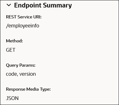 The Summary page shows the REST endpoint summary, the description, and the endpoint summary. The endpoint summary values are described above this image. The Summary page shows the REST endpoint summary, the description, and the endpoint summary. The endpoint summary values are described above this image.