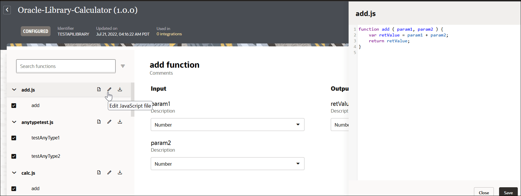 The Search functions field appears on the left. Below are the available functions. The Edit JavaScript file option is selected for the add.js file. To the right is the add function, with Input and Output sections for the param1, retValue, and param2 parameters. Number is selected in each field. At the far right, is the panel for editing the add.js file. The Search functions field appears on the left. Below are the available functions. The Edit JavaScript file option is selected for the add.js file. To the right is the add function, with Input and Output sections for the param1, retValue, and param2 parameters. Number is selected in each field. At the far right, is the panel for editing the add.js file.