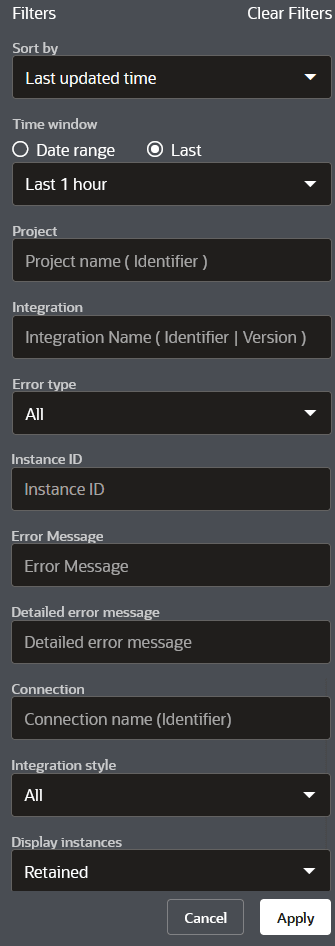 This image shows the Sort by, Time Window with Data Range button and Last button, From, To, Project, Integration, Error Type, Instance ID, Error message, Detailed error message, Connection, Integration style, and Display instances fields. This image shows the Sort by, Time Window with Data Range button and Last button, From, To, Project, Integration, Error Type, Instance ID, Error message, Detailed error message, Connection, Integration style, and Display instances fields.