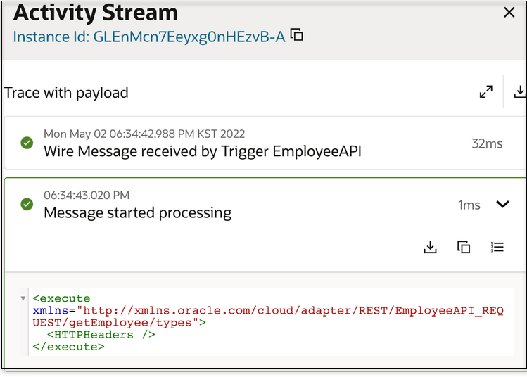 The Activity Stream title is shown at the top. Below this is the Trace with payload label. To the right are the expand and download icons. Below is the status of the integration flow. Message started processing is expanded to show the message payload. On the right are the download, copy to clipboard, and toggle row lines icons. The Activity Stream title is shown at the top. Below this is the Trace with payload label. To the right are the expand and download icons. Below is the status of the integration flow. Message started processing is expanded to show the message payload. On the right are the download, copy to clipboard, and toggle row lines icons.