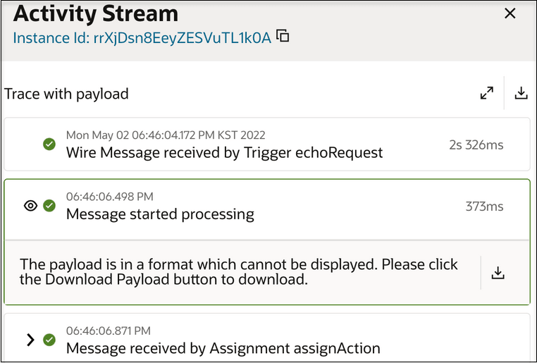 The Activity Stream title is shown at the top. Below this is the Trace with payload label. To the right are the expand and download icons. Below is the status of the integration flow. The "Message started processing" part of the message is expanded to show a message saying that the payload is in a format that cannot be displayed. You should click the download payload icon. The Activity Stream title is shown at the top. Below this is the Trace with payload label. To the right are the expand and download icons. Below is the status of the integration flow. The "Message started processing" part of the message is expanded to show a message saying that the payload is in a format that cannot be displayed. You should click the download payload icon.