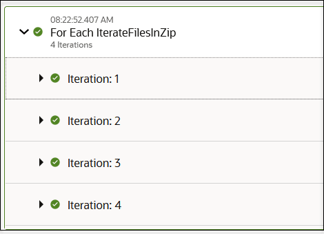 The for-each action is shown in the activity stream with four iterations that can each be expanded. The for-each action is shown in the activity stream with four iterations that can each be expanded.