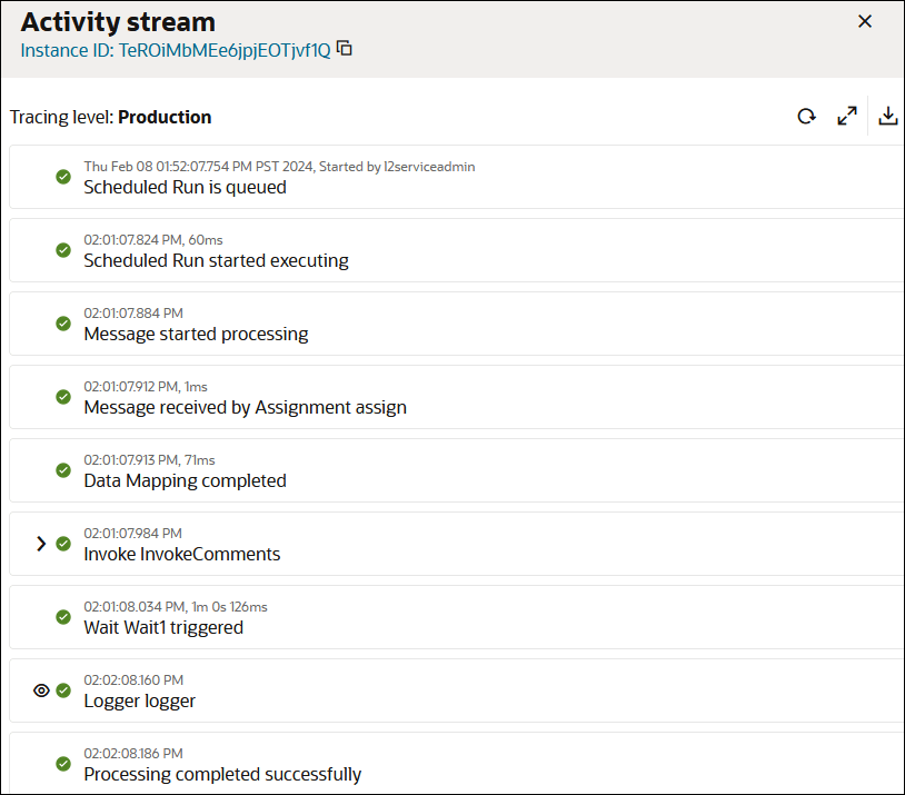 The Activity Stream is shown with various messages in the message flow. A time stamp appears above each. In the upper right is the download logs icon. To the upper right is the Activity Stream icon and Search icon. The Activity Stream is shown with various messages in the message flow. A time stamp appears above each. In the upper right is the download logs icon. To the upper right is the Activity Stream icon and Search icon.