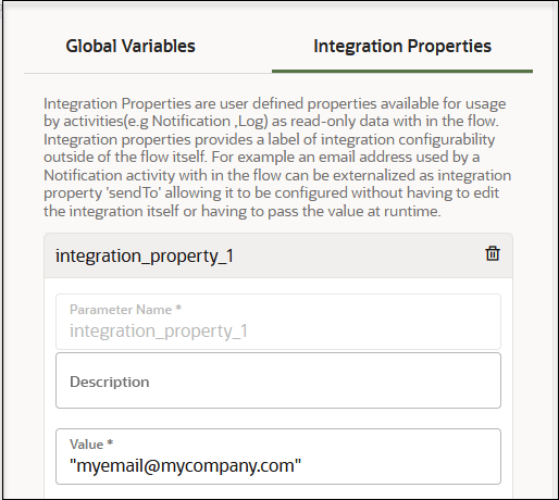 The Global Variables and Integration Properties tabs are shown. Integration Properties is selected. Below are the Parameter Name, Description, and Value fields. The Global Variables and Integration Properties tabs are shown. Integration Properties is selected. Below are the Parameter Name, Description, and Value fields.