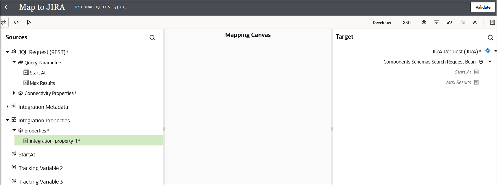 The Sources tree, Mapping Canvas, and Target tree are shown. Three icons appear above the Sources tree. Developer, XSLT, and six icons appear above the Target tree. A Validate button appears in the upper right. The Sources tree, Mapping Canvas, and Target tree are shown. Three icons appear above the Sources tree. Developer, XSLT, and six icons appear above the Target tree. A Validate button appears in the upper right.