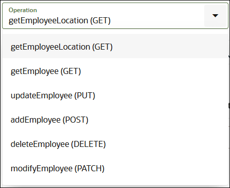 Operation list selections: getEmployeeLocation, getEmployee, addEmployee, updateEmployee, deleteEmployee, and modifyEmployee. Operation list selections: getEmployeeLocation, getEmployee, addEmployee, updateEmployee, deleteEmployee, and modifyEmployee.